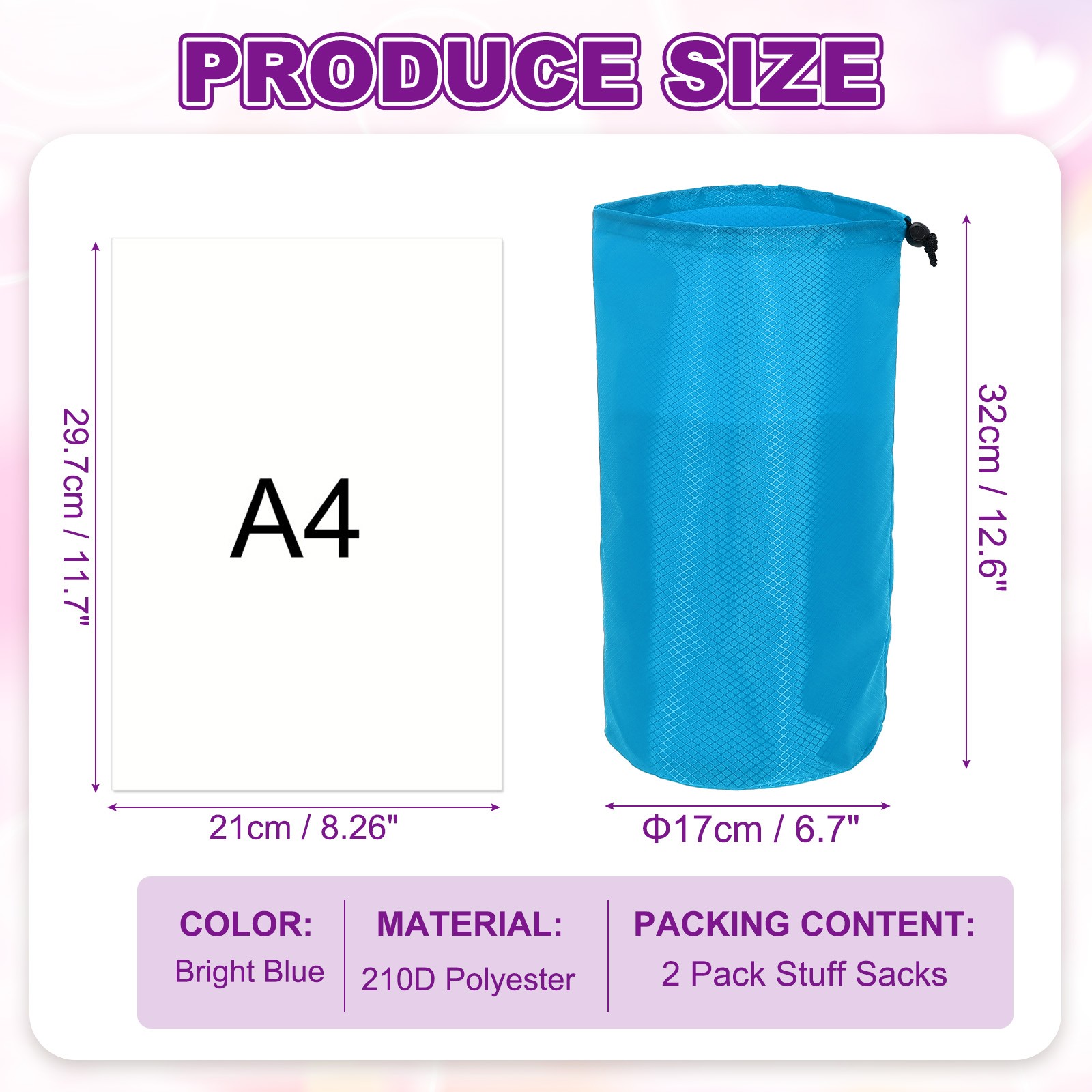 Stuff Sack, Waterproof Ditty Bags with Toggle 7x13In & 2 Pack & Bright Blue