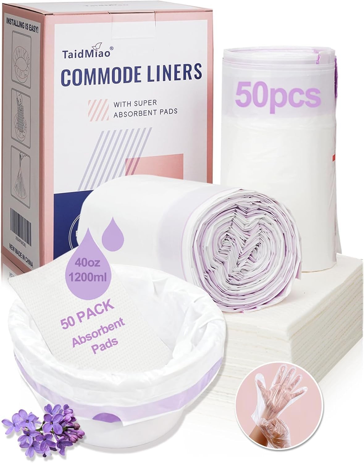 50 Count Bedside Commode Liners with Absorbent Pads - Set 50 White