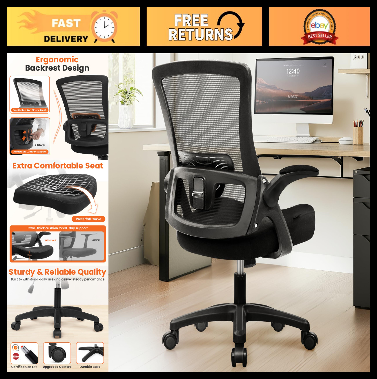 Ergonomic High Back Gaming Chair - Adjustable Mesh Office Desk Seat with Lumbar
