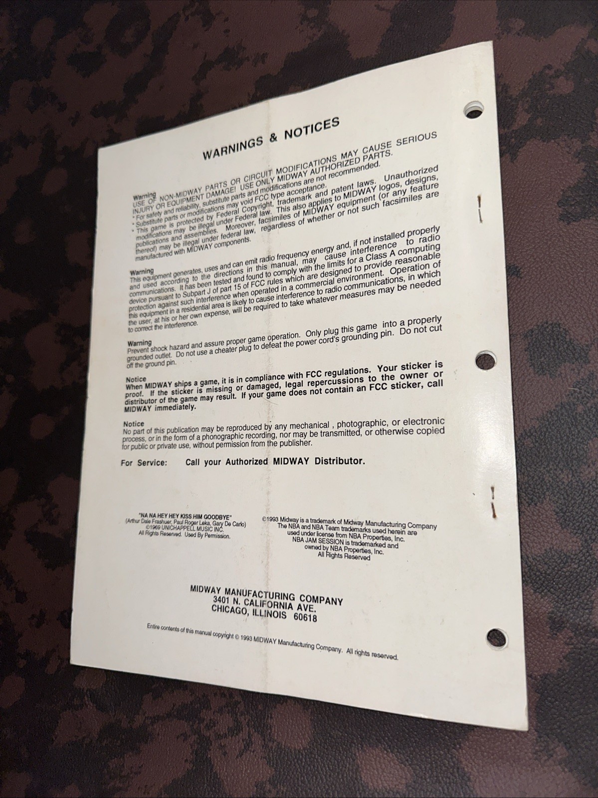Original NBA Jam Arcade Operations Manual