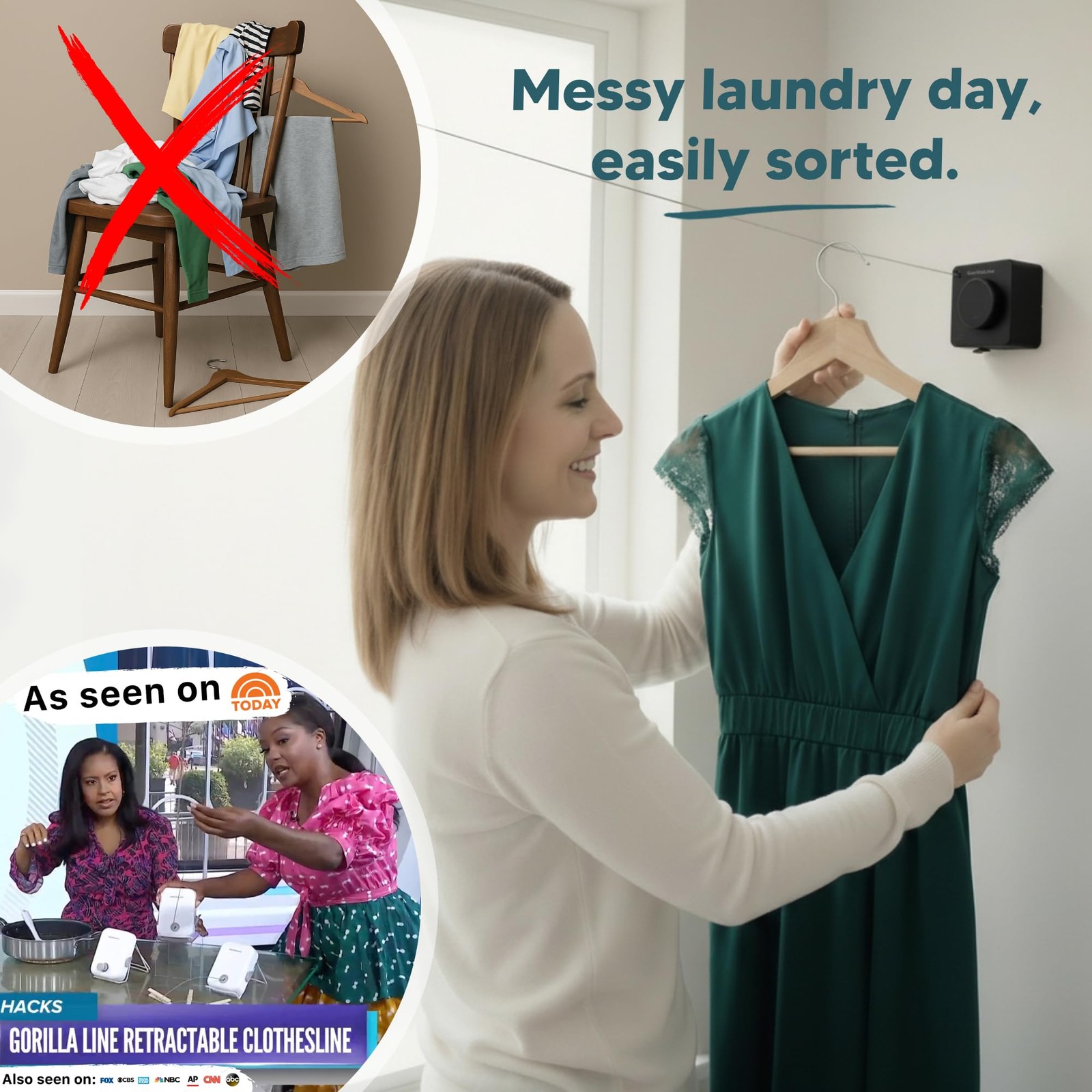 GorillaLine Basic - Retractable Clothesline Indoor Outdoor Clothes Line - Non-Sa