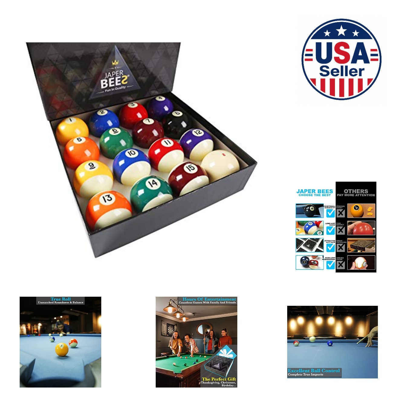 Billiard Ball Set 16 Balls 2-1/4 Inch Polyresin Regulation Weight Complete Pool