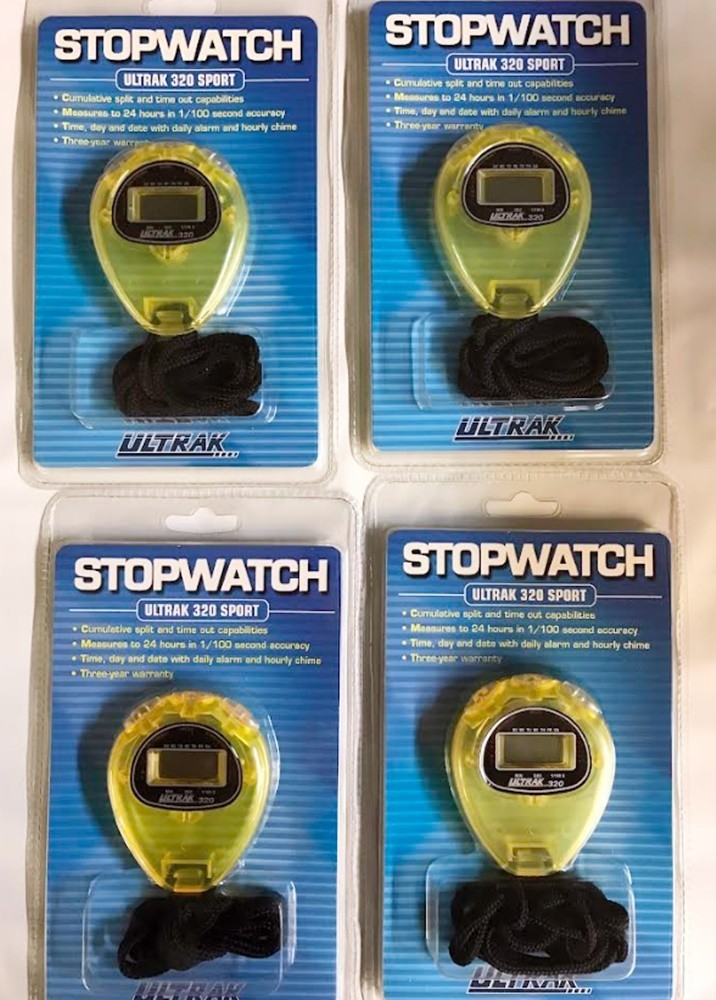 Ultrak 320 Stopwatch, 4 piece lot, Yellow, New but need Battery