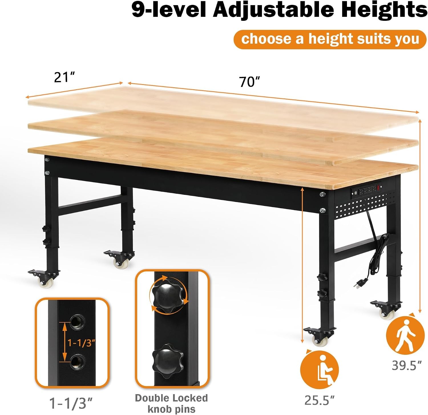 70" Adjustable Workbench on Wheels 2000 LBS Heavy Duty Work Table with Power