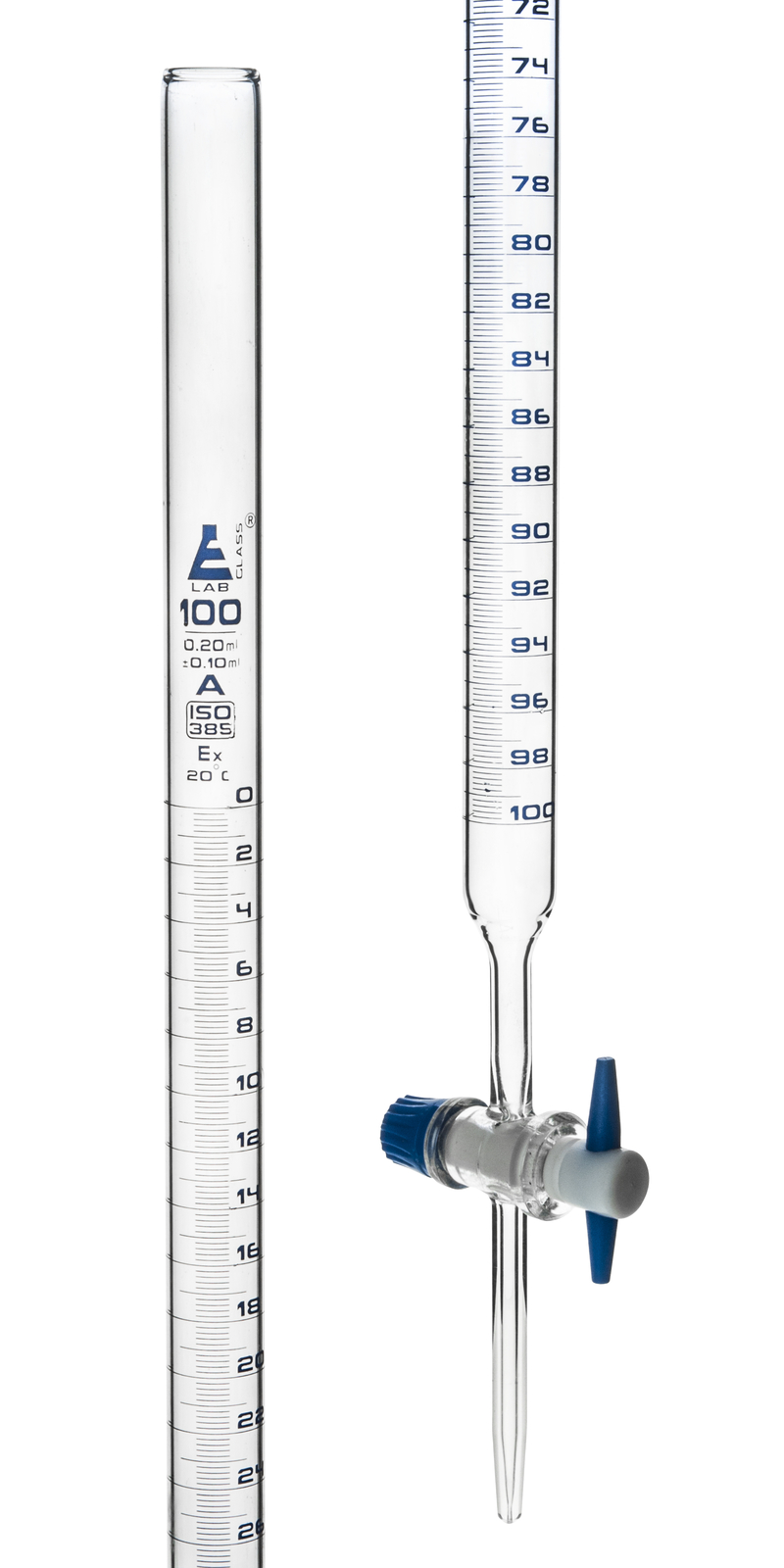 Eisco Labs Burettes - PTFE Key stopcock, Class 'A', Capacity 100ml - 0.20ml