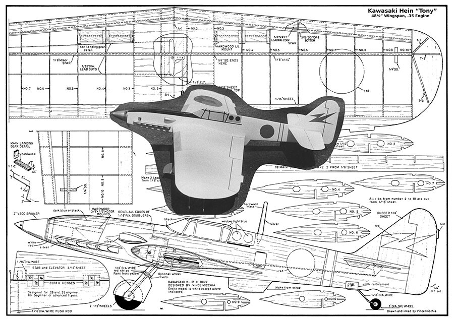 Model Airplane Plans (UC): Kawasaki Hein "Tony" 48½" Profile for .29-.35 Engine