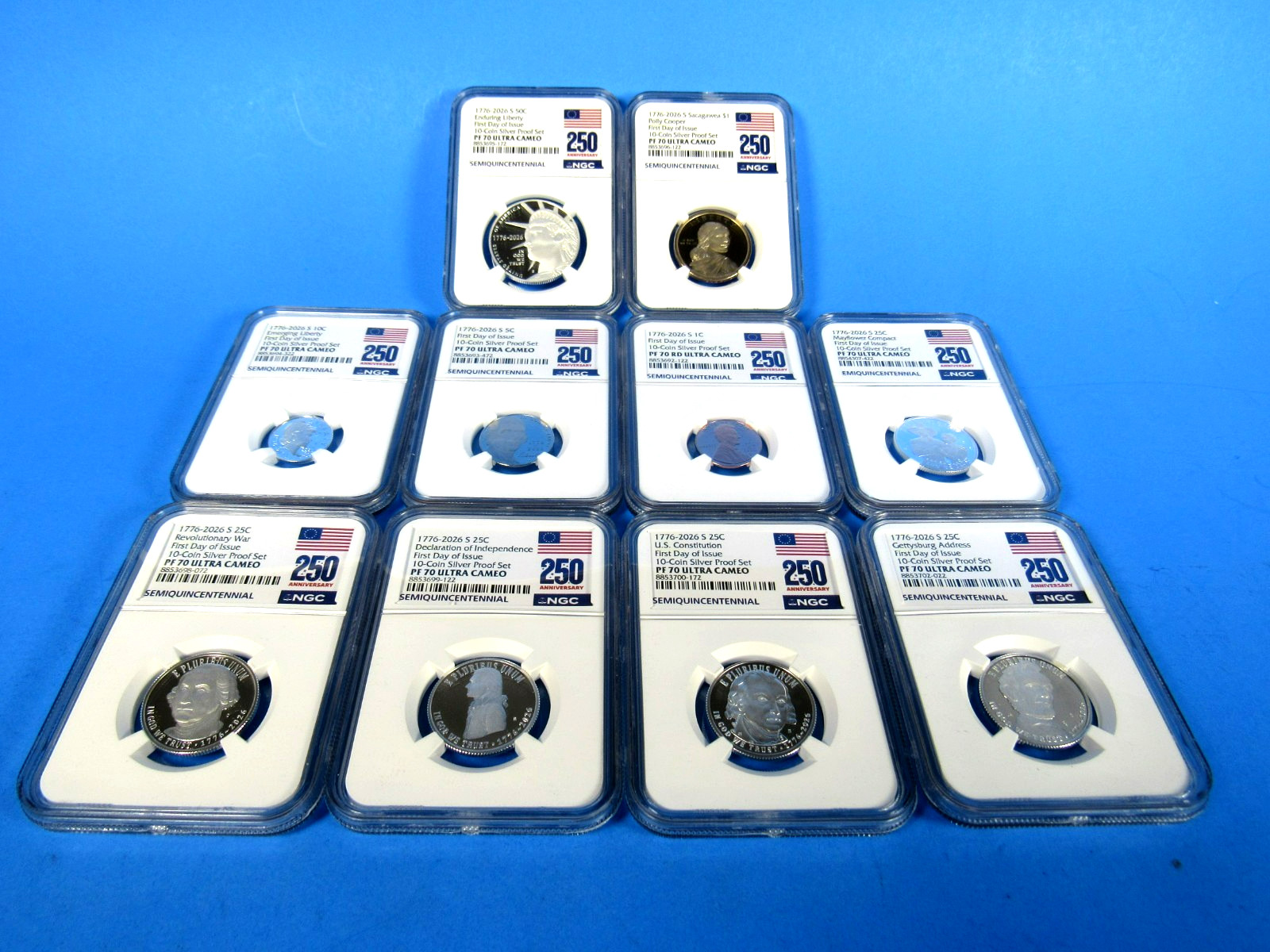 1776-2026 S, 10-Coin  Silver Proof Set NGC Pf 70 UCam , FDOI, 250 Prop. Label