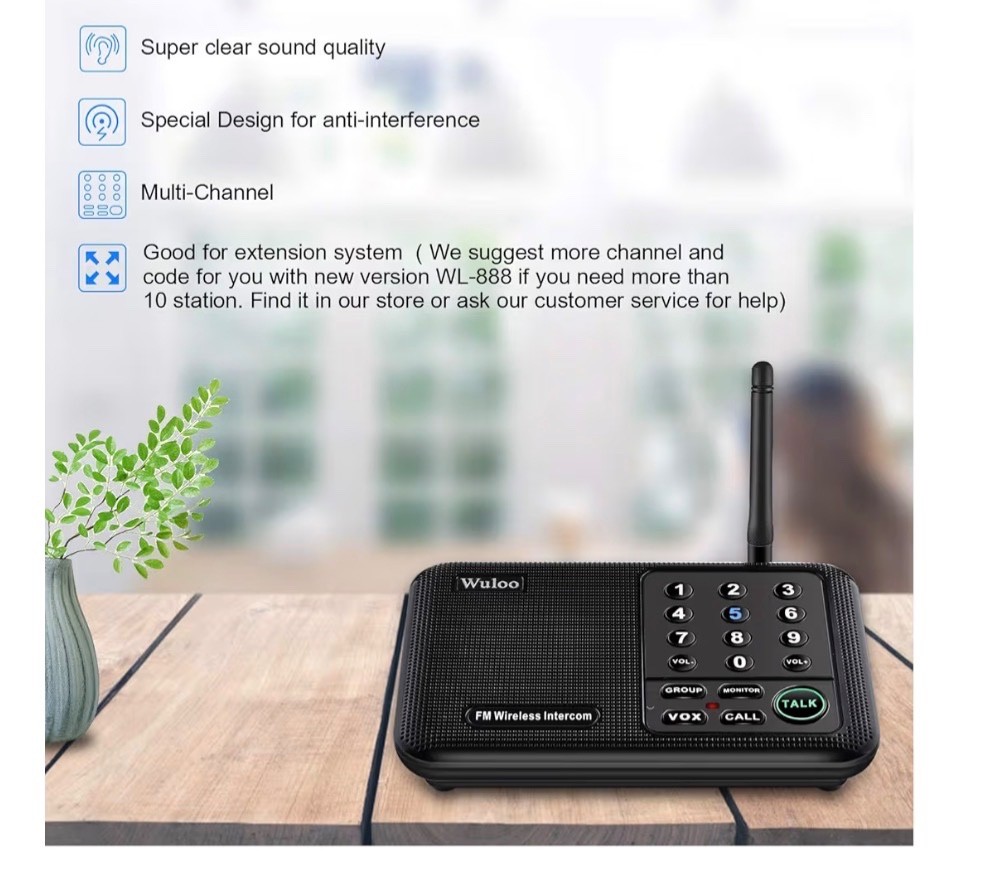 Wuloo Wireless Home Intercom System; 5280 Feet Range, 10 Channel, 3 Code, 6 Pack