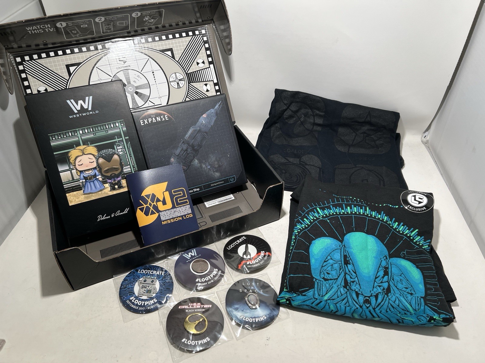 Lot of 10 Loot Crate Sci-Fi TV Series Collectibles, Pins, Shirts (Size L)