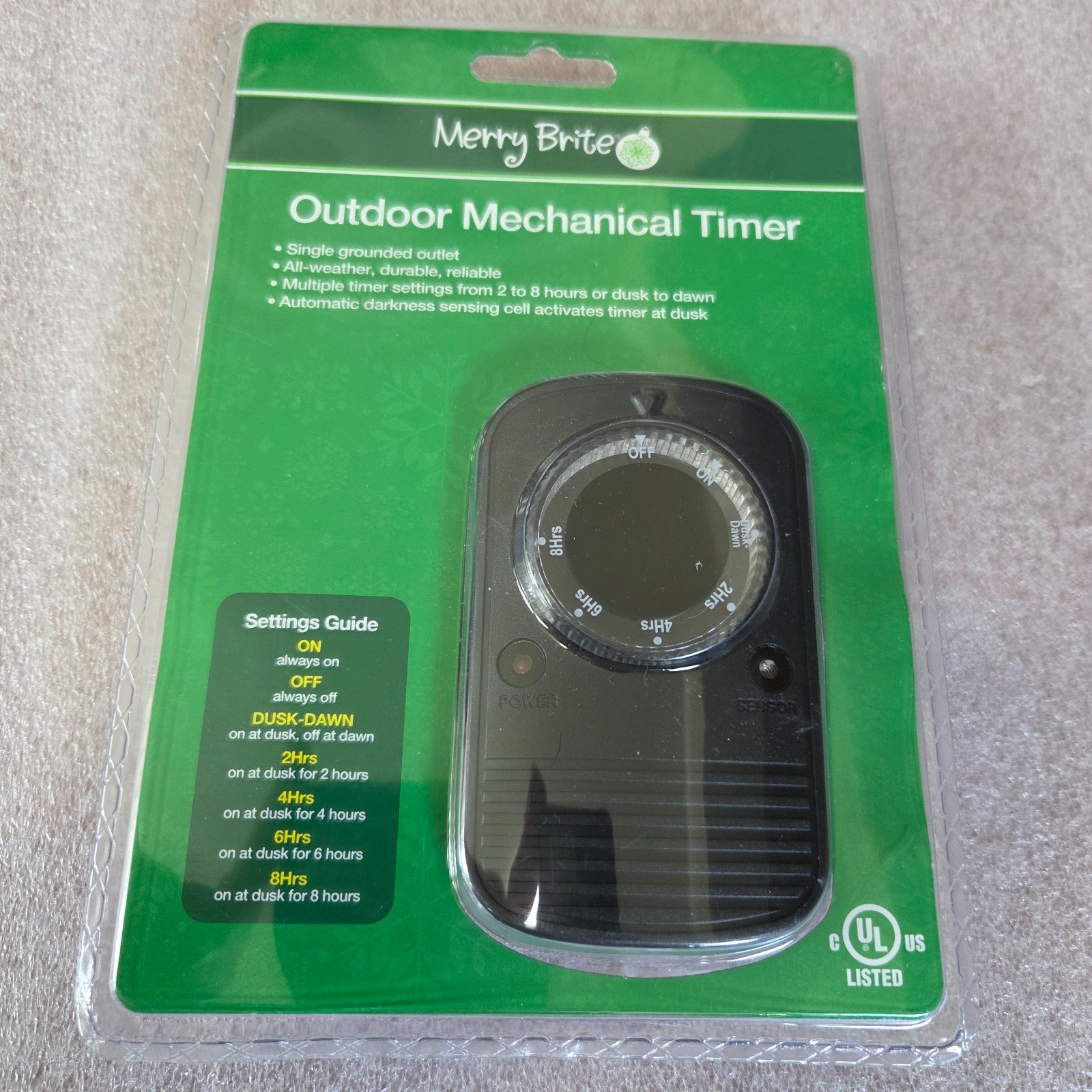 Outdoor Mechanical Timer 2-8 hours or Dusk to Dawn, Single Outlet - New, Sealed