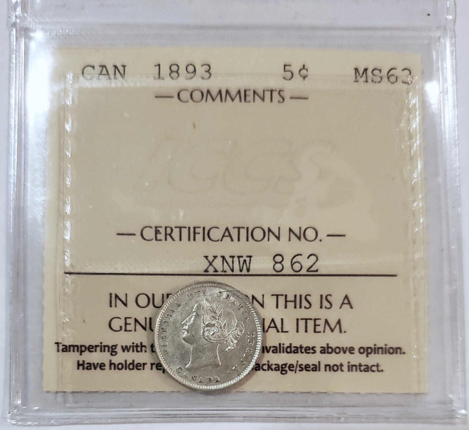1893 CANADA SILVER 5 CENTS - ICCS CERTIFIED MS63 - QUEEN VICTORIA FIVE CENTS