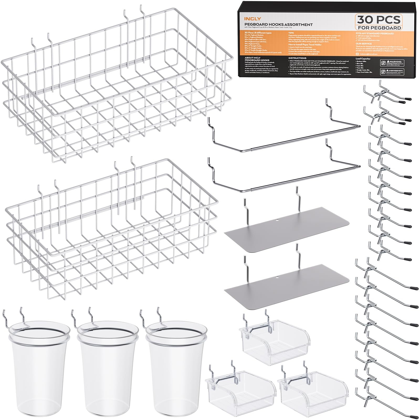 Peg Board Organizer Accessories Kit Hooks Bins Cups Wire Baskets Holder 30 PCS