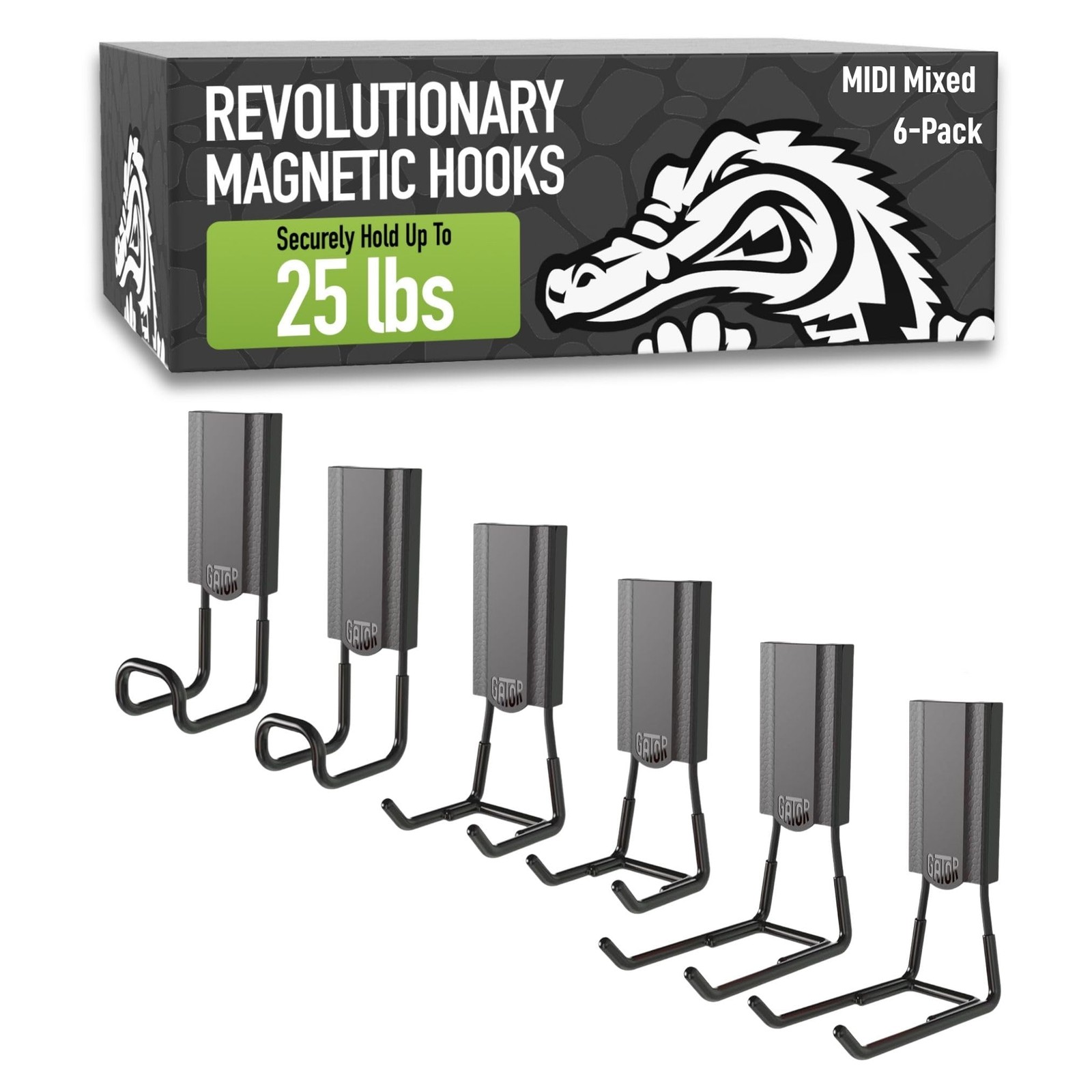 GATOR MAGNETICS MIDI 2.5 & 4" Open Hooks, 25 lb Heavy Mixed 6 Pack, Black