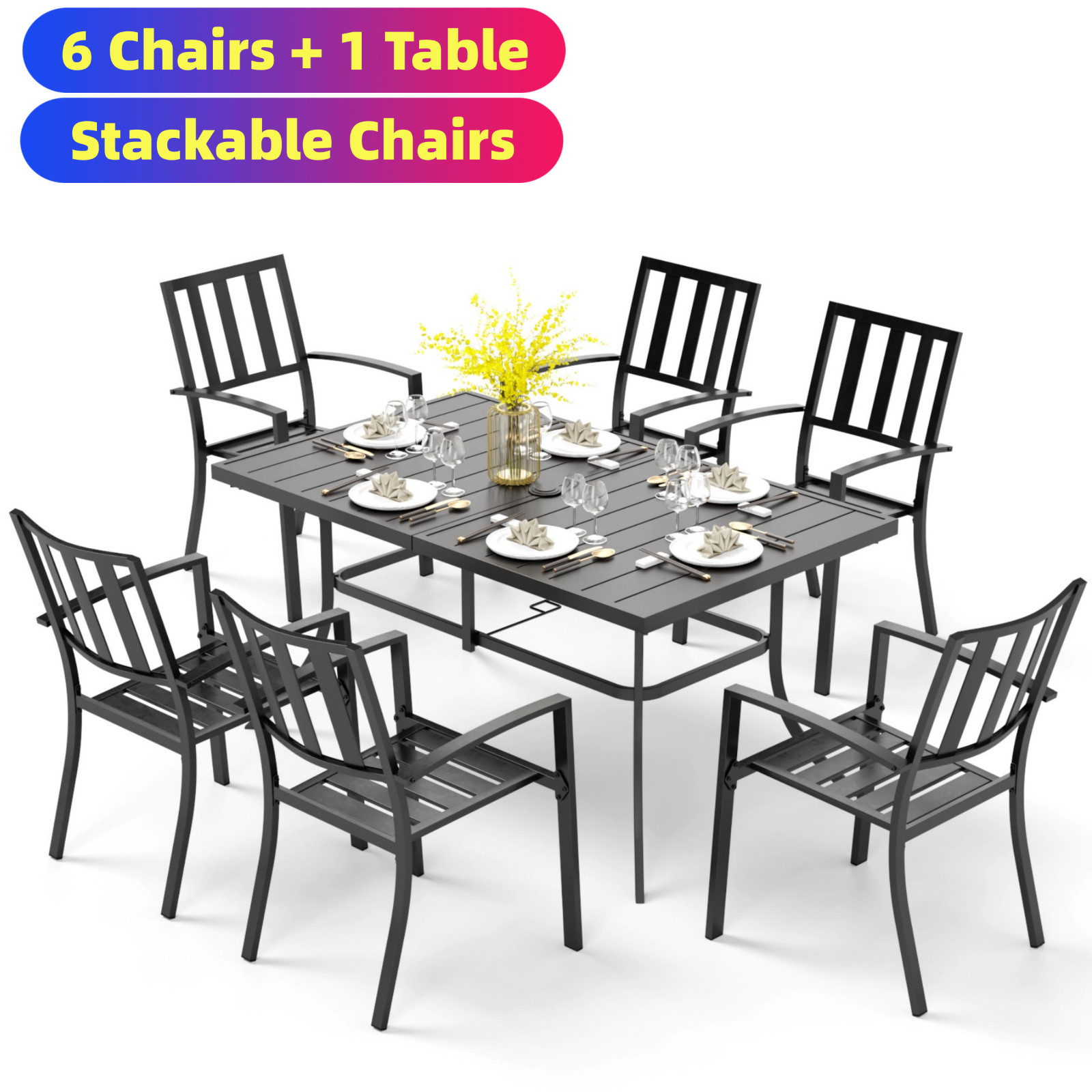 7 Piece Patio Furniture Set Outdoor Dining Table Chairs Set Stackable Chairs