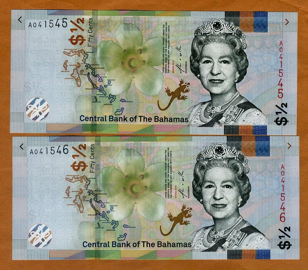 SET Bahamas, 2 x 1/2 dollar (50 cents) Consecutive pair, 2018 (2019) QEII, UNC