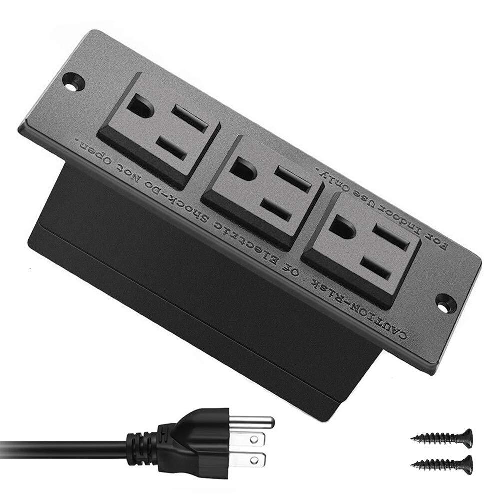 Recessed Power Strip Black Desk Mount Power Grommet Socket For Cabinet 3 Ac Outl
