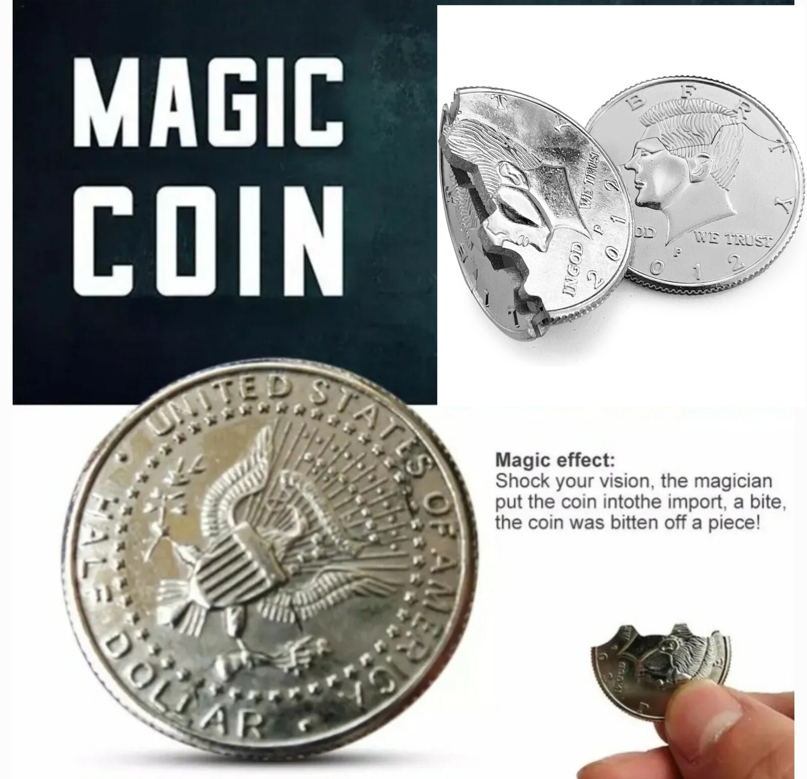 Bite Out Coin Magic Trick Close-Up Magic Illusion Restored Half Dollar T5