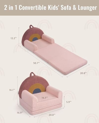 Foldable Toddler Couch, 2-in-1 Comfy Toddler Chair & Lounger for Blush Rainbow