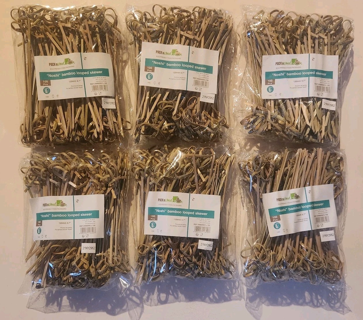 PacknWood Noshi Bamboo Looped Skewers Six Packs 600 Skewers total 12mm/4.7" New