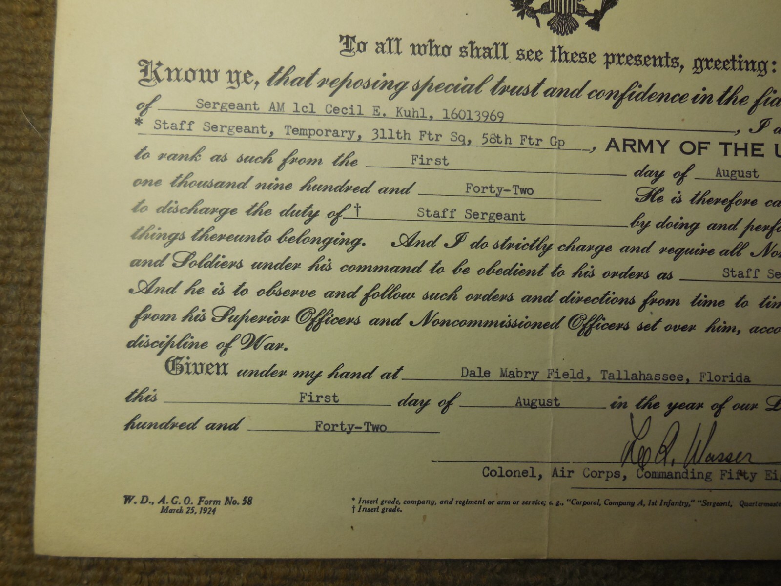 WWII 1942 USAAF Staff Sergeant Promotion Document 311th Fighter Squadron