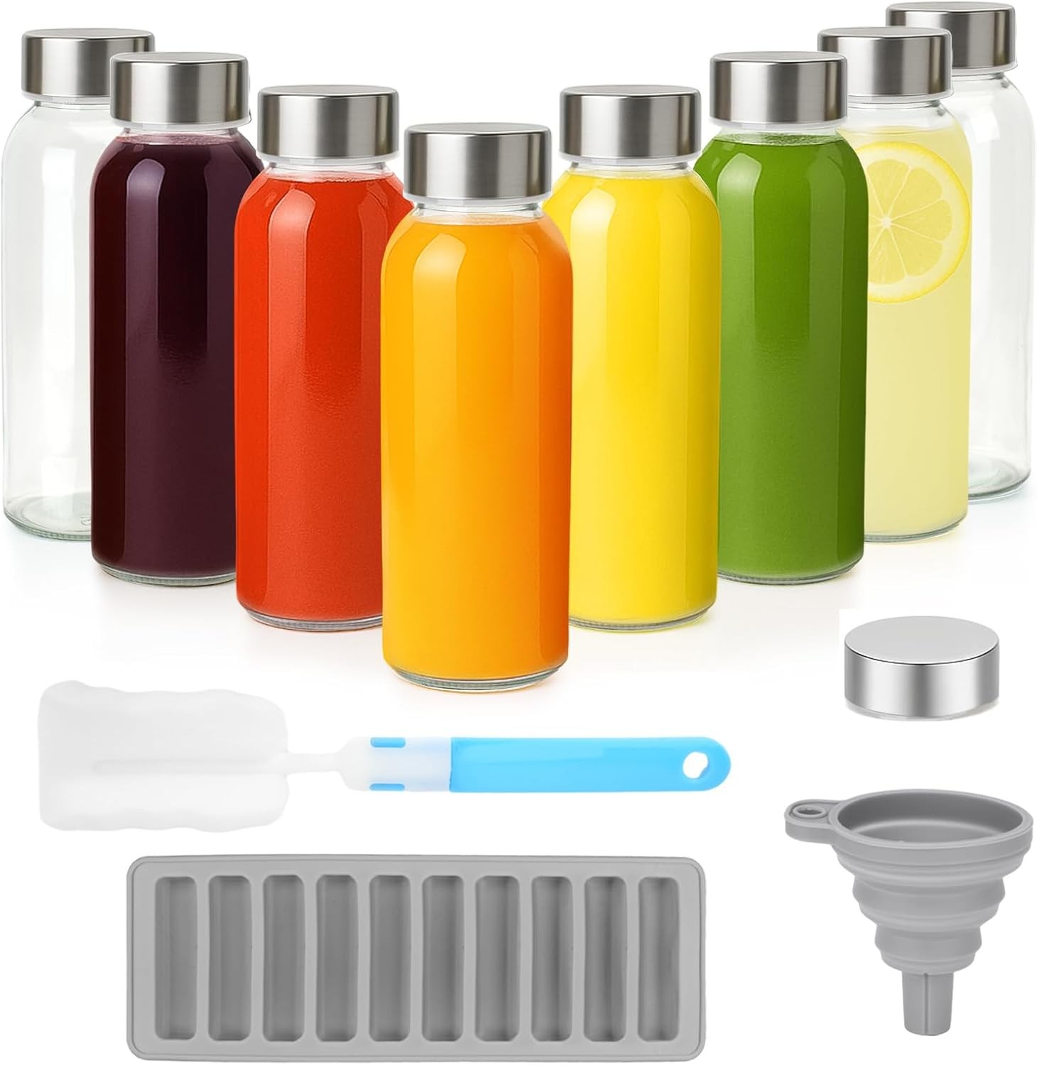 Bottles with Lids 10.5 oz, 8 Pack Clear Reusable Glass Small Juice Bottles