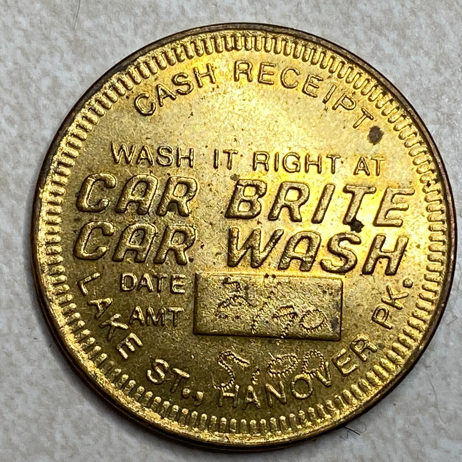 Car Brite Car Wash Lake St Hanover Park Amusement Arcade Slot Trade Token T476