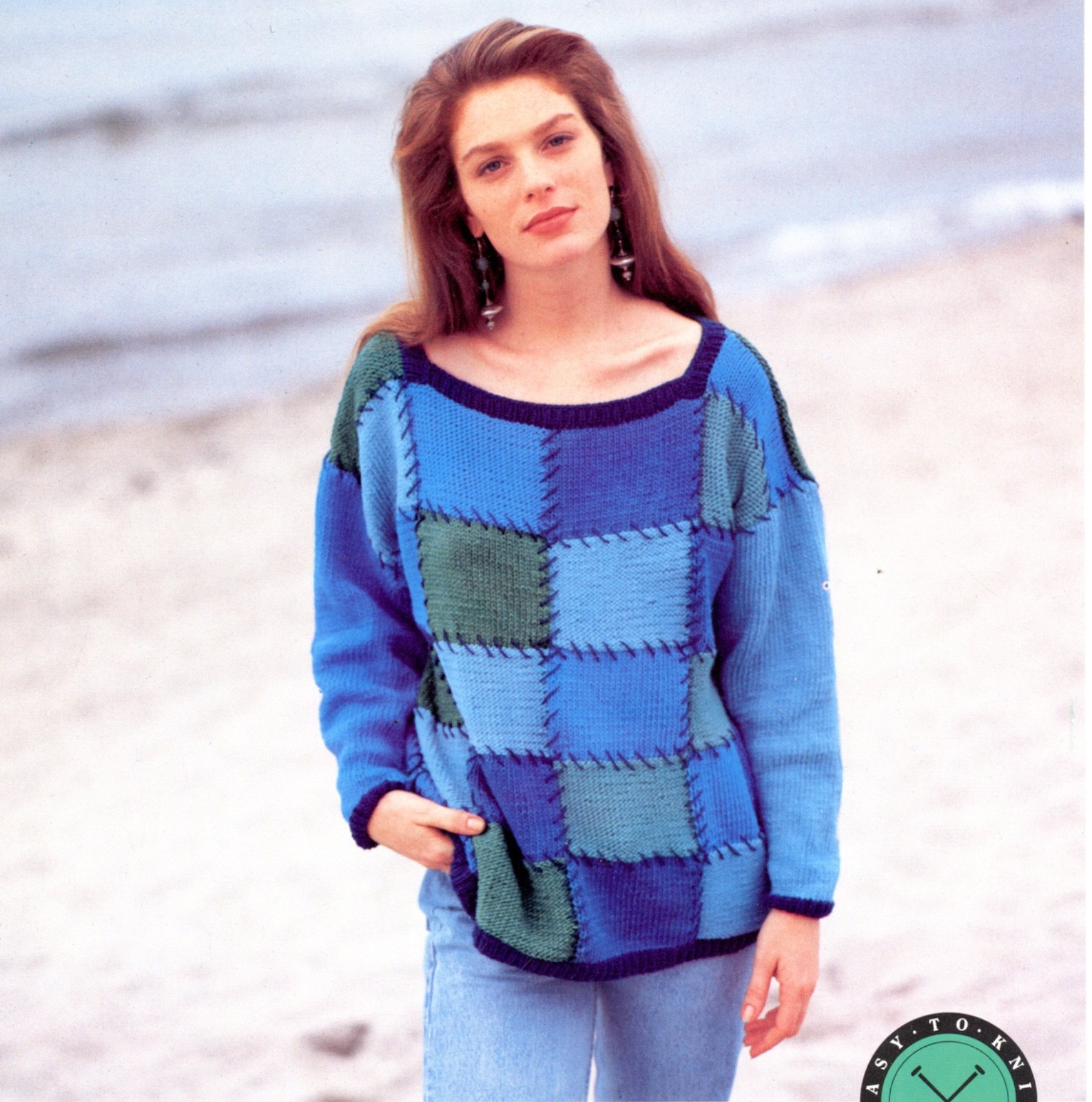 Reynolds Saucy Knitting Pattern 577 Patchwork Blues Pullover - Easy Knit