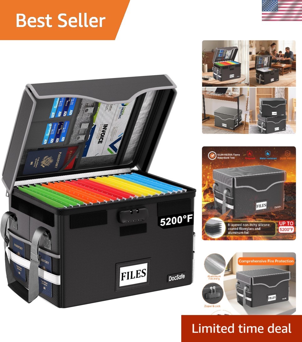 5200°F Fireproof Document Box with Lock,Heat Insulated File Organizer Storage...