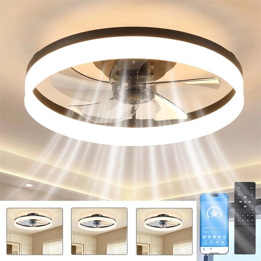 20" Modern Fan Lights Flush Mount LED Ceiling Light kit With Remote APP Control