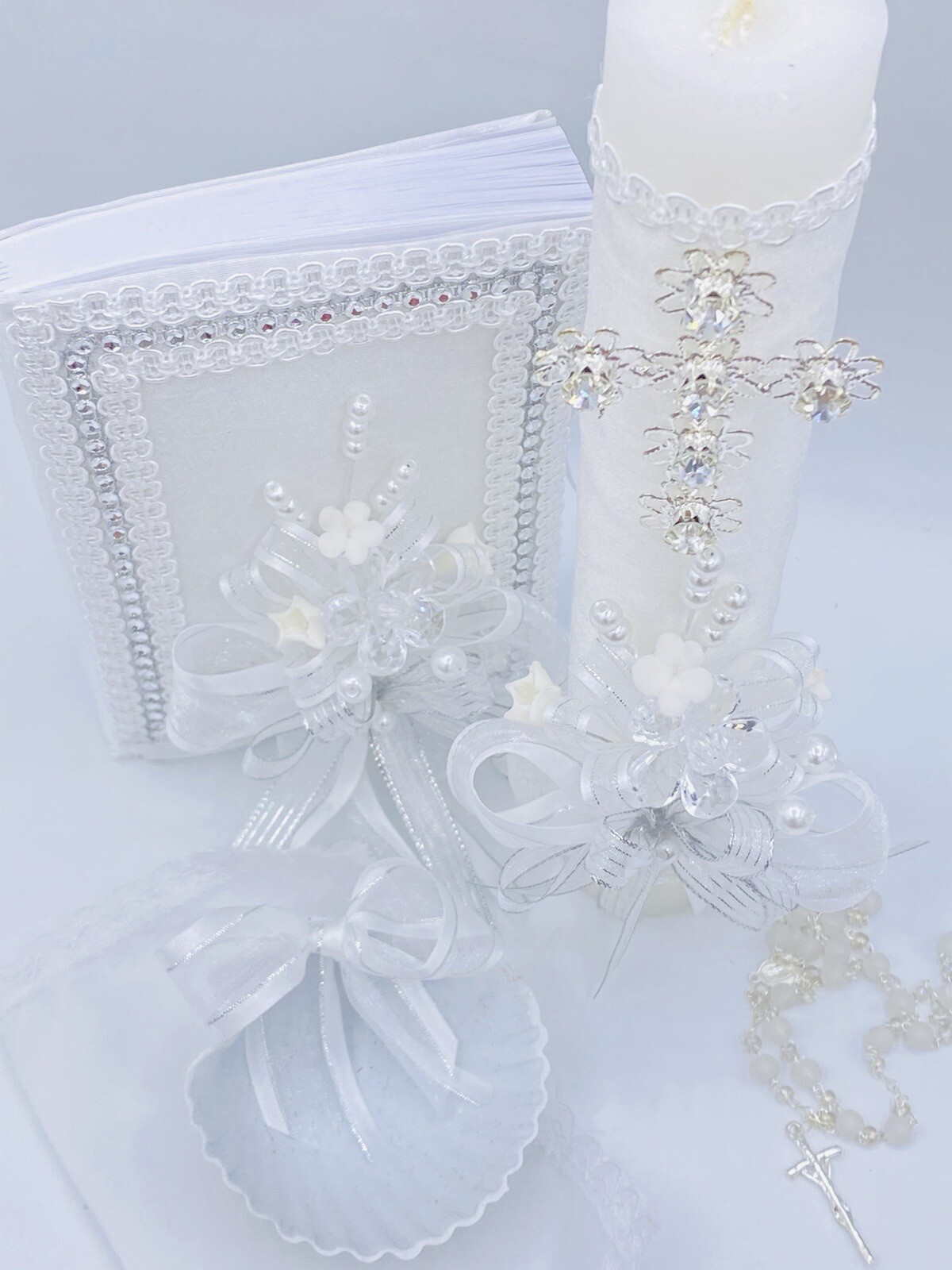 5pcs Baptism Candle Set Favors, Girl Boy White Set de Bautizo Nina Nino SPANISH