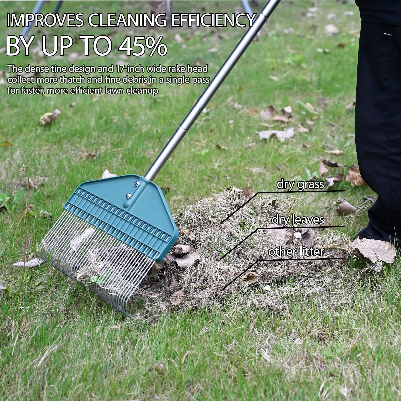 Adjustable Thatch Rake 66" Handle, 17" Durable Dethatcher for Lawn Care