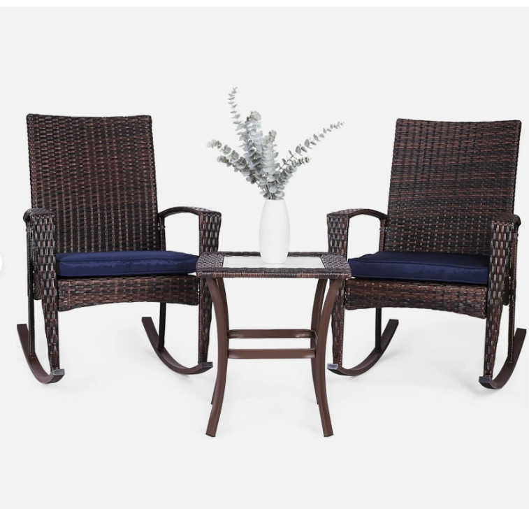 3 Padded rattan rocking chairs, outdoor rattan garden furniture, brown