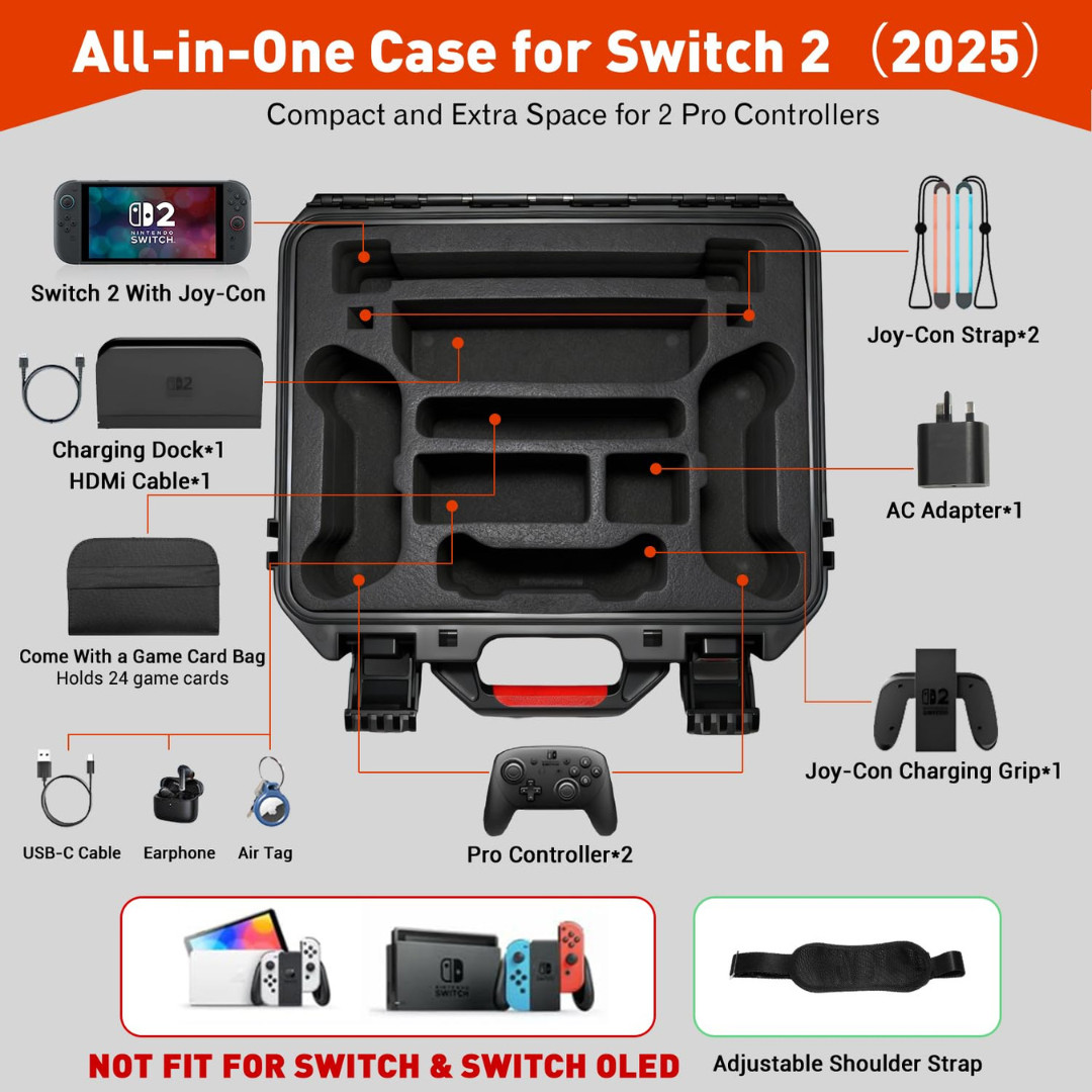 Switch 2 Travel Case Hard Shell Waterproof Storage for Console Dock Games