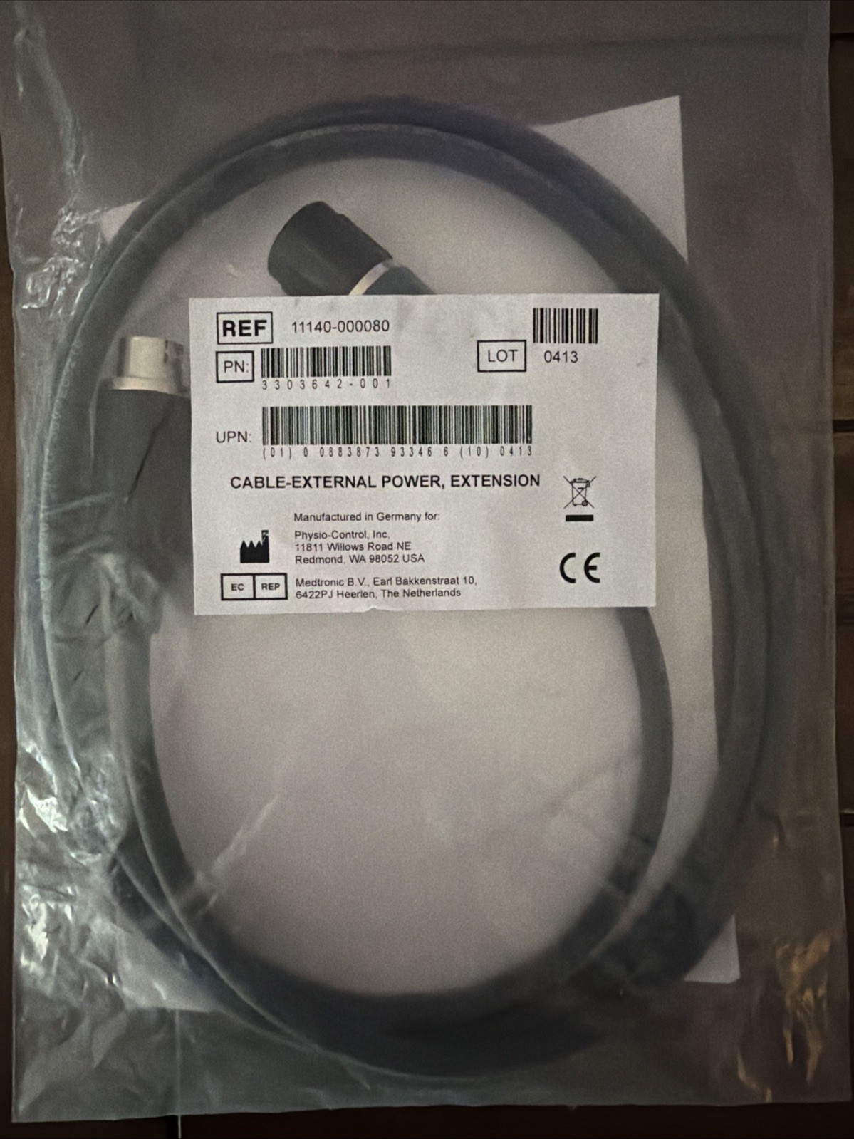 PHYSIO-CONTROL 11140-000080 EXTERNAL POWER EXTENSION CABLE 3303642-001 - NIP