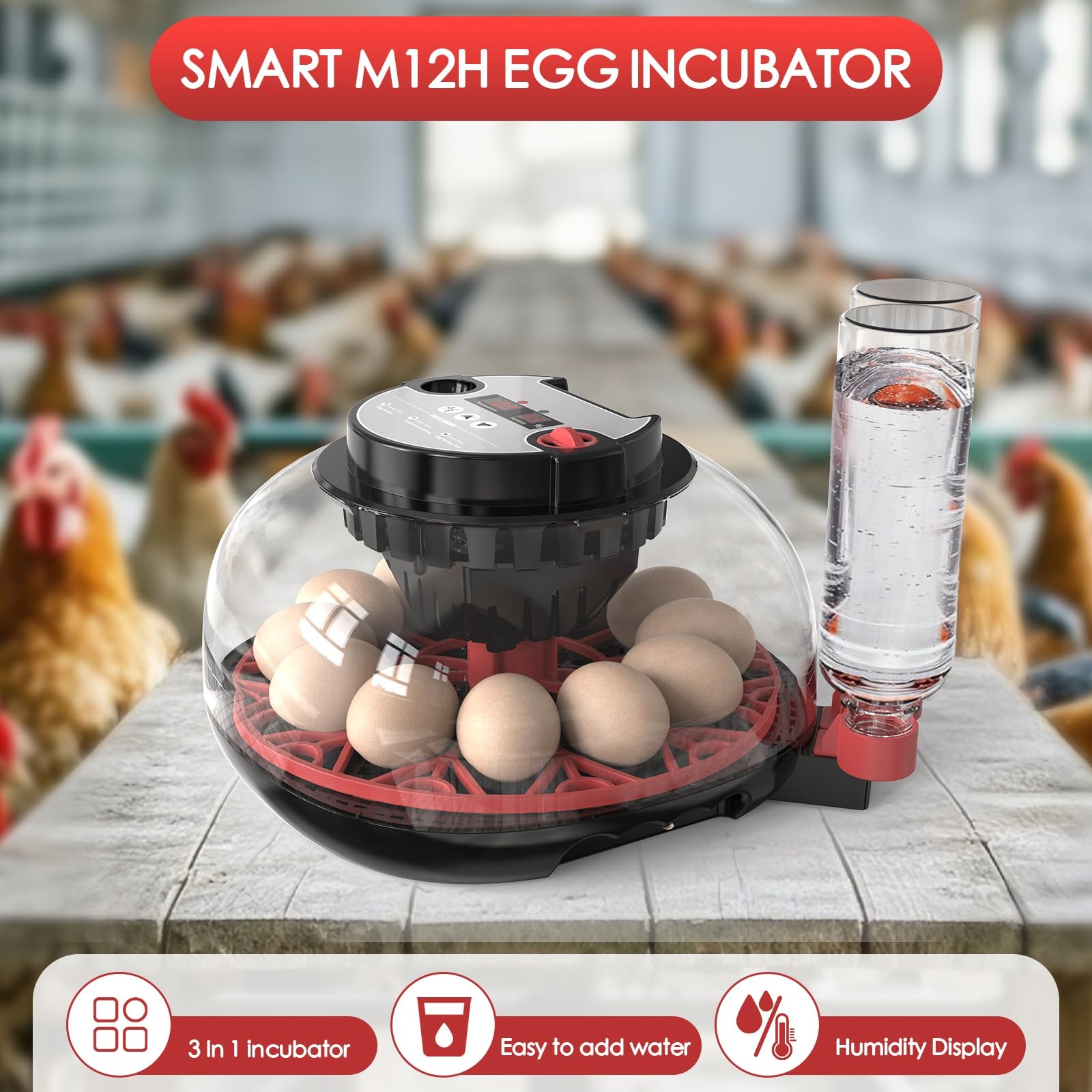 Incubators for Hatching Eggs Automatic Egg Incubator with 12, Red Black