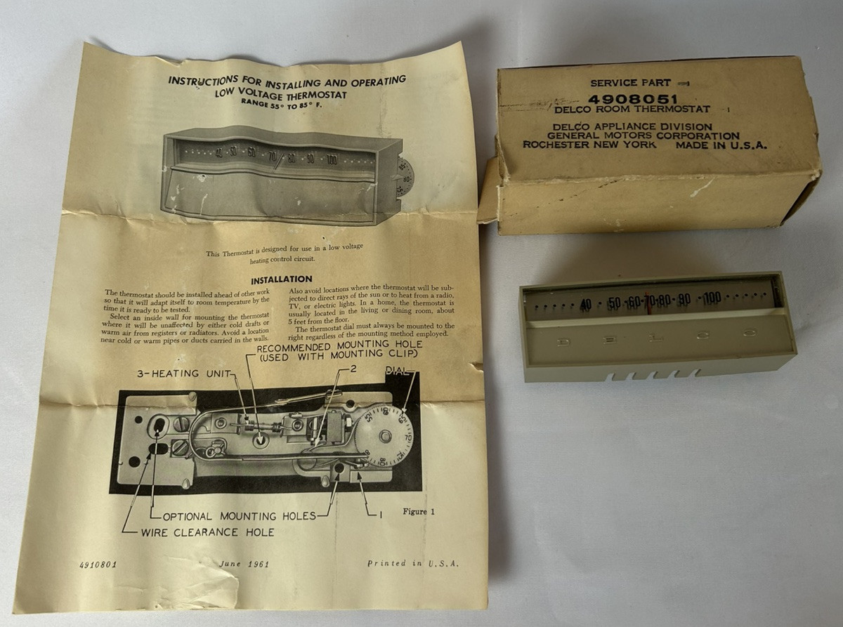 Vintage Delco Room Thermostat Delco Appliance Division 4908051 Instructions Box