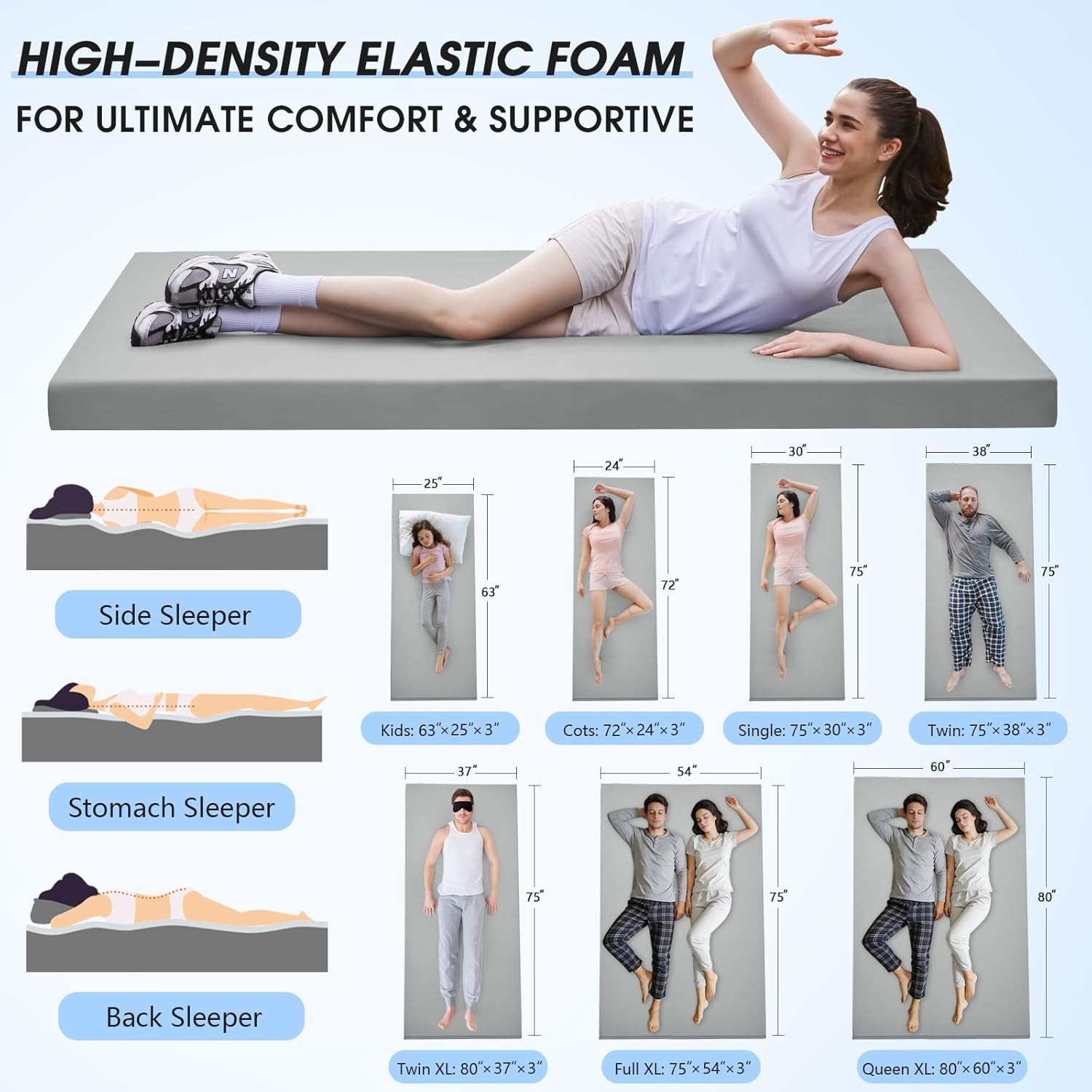 Memory Foam Camping Mattress Pad,3Inch Sleeping Pad for Camping,Non-Slip Bottom