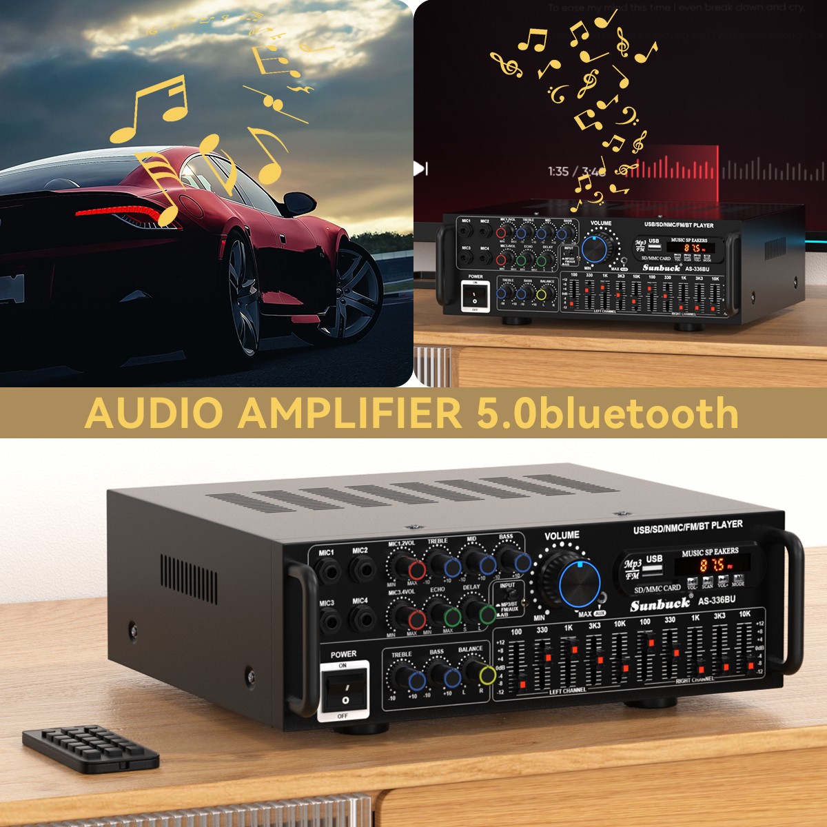 2000W Bluetooth HiFi Power Amplifier Karaoke USB EQ Mixer SUNBUCK with Remote