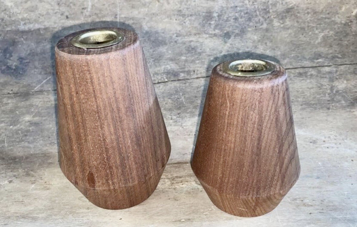 2 Walnut Taper Candle Holders Large & Medium