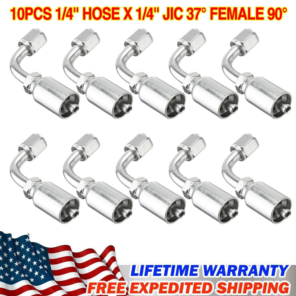10PC Carbon Steel 90° Hydraulic Hose End Elbow 1/4'' Hose x 1/4'' JIC 37° Female