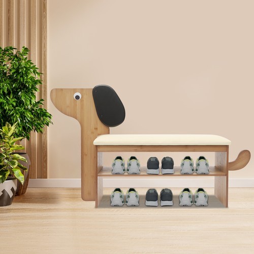 2 Tier Cute Dog Shape Shoes Rack Bench for Entryway Shoe Rack Bench w/ Cushion
