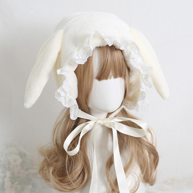 Japanese Sweet Loppy Eared Rabbit Cap Lace Lolita Earmuffs Cap Joker Fluffy Hats