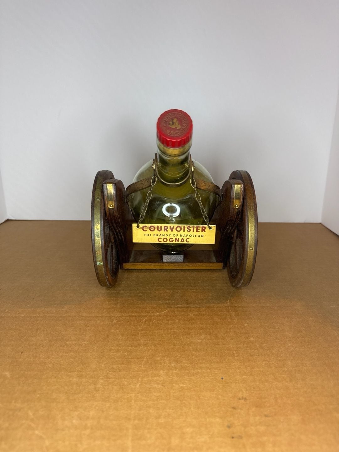 VTG Courvoisier 3 Star Luxe Cognac Empty Bottle w/ Wooden Cannon Display Stand