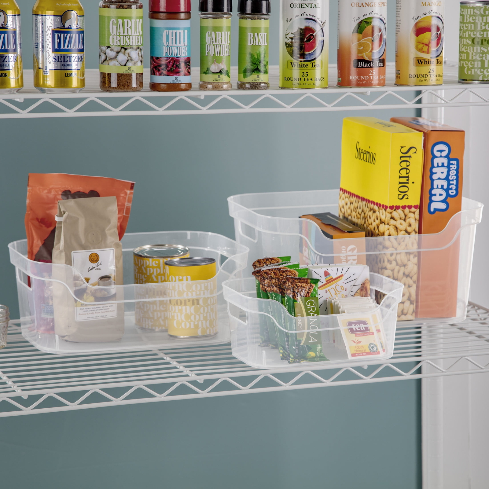 (4 pack) Medium Open Bin, Clear Plastic, Easy Access Bin with Scoop Front