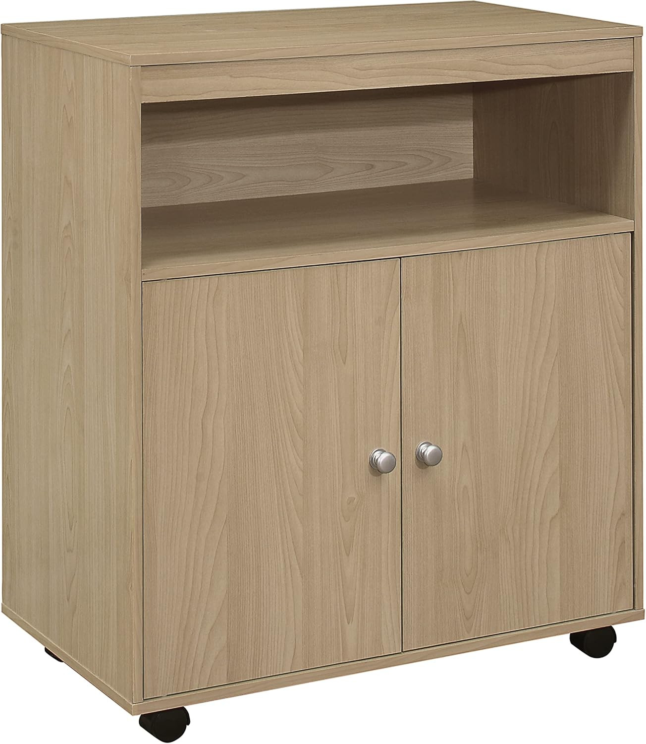 Beech Microwave Kitchen Cart with 2-Door Cabinet & Storage Shelf