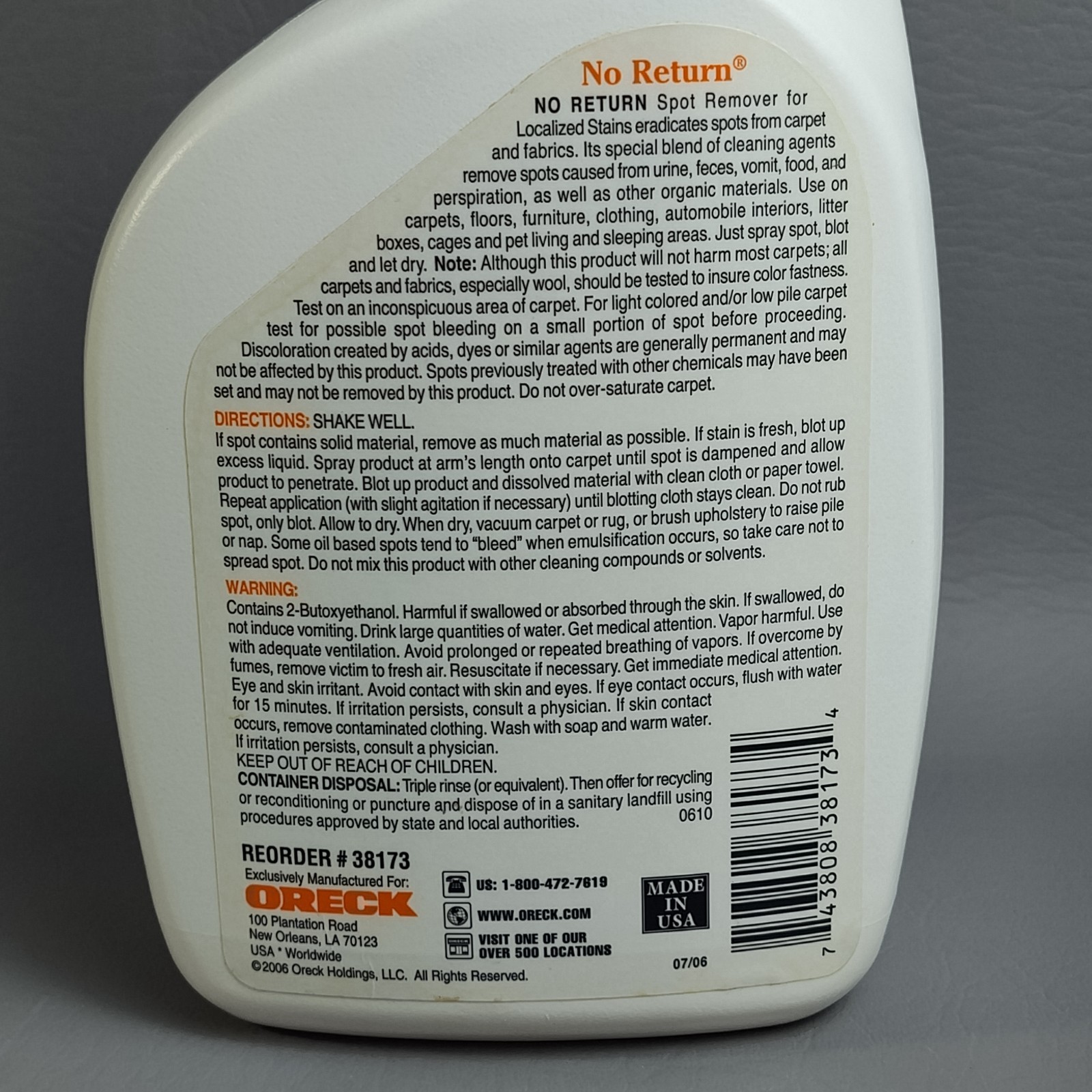 Oreck No Return Spot Remover For Localized Stains 85% Full Discontinued 32 oz.