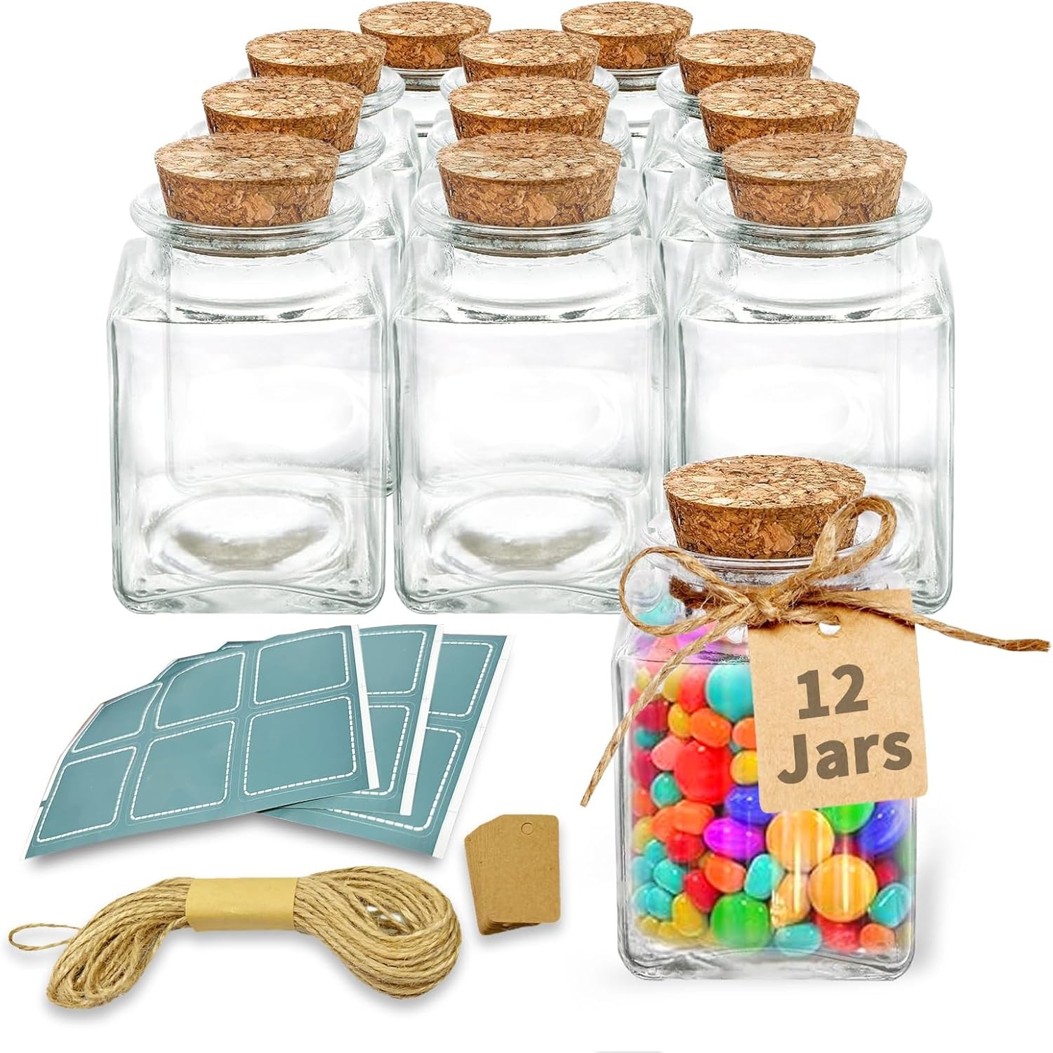 12 Pack Small Glass Jars W/ Lids 3.4 oz Mini Bottles W/ Cork Twine & Labels