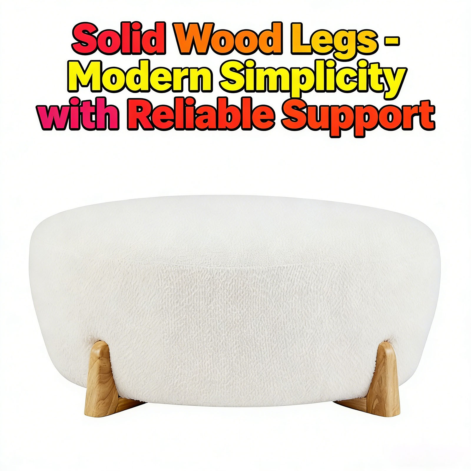 Round Footstool Bouclé Fabric Top With Flared Rubberwood Legs