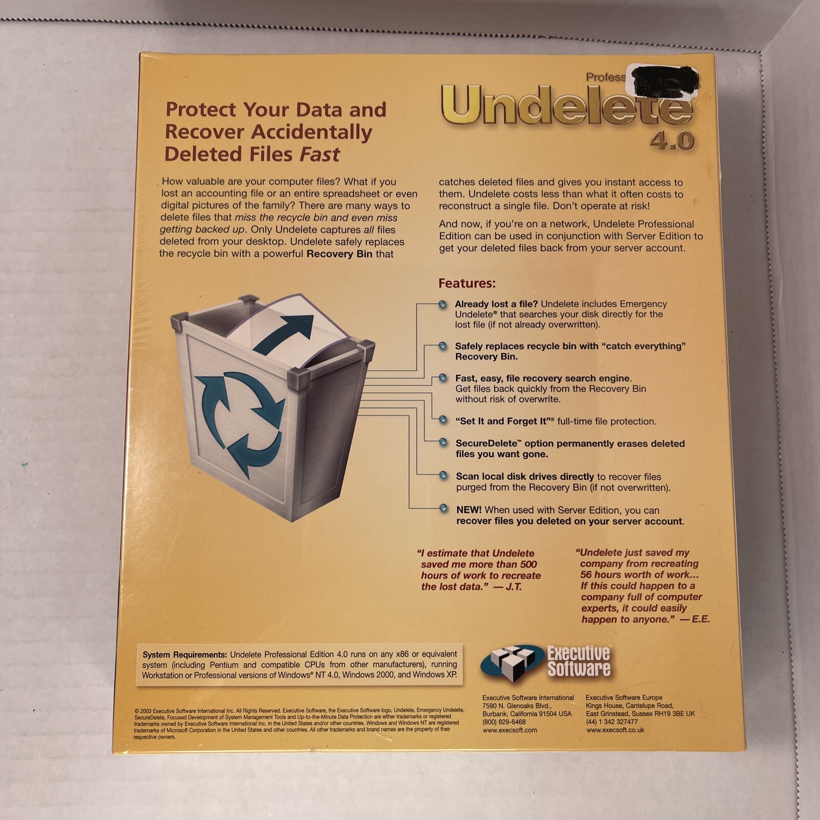 NEW SEALED Undelete 4.0 Professional Edition Executive Software 2003 Windows