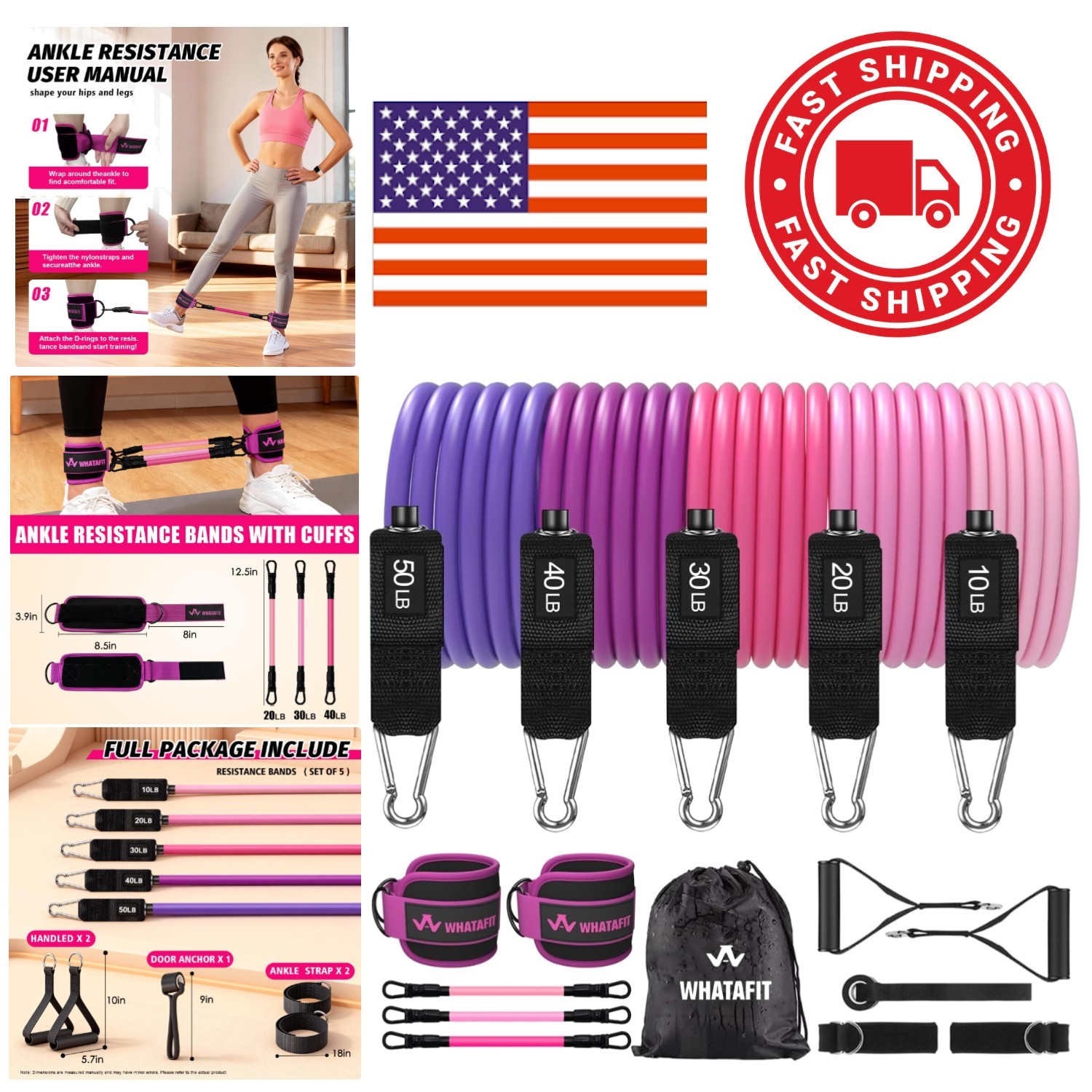 Portable Exercise Bands with Ankle Straps and Carry Pouch for All Fitness Levels